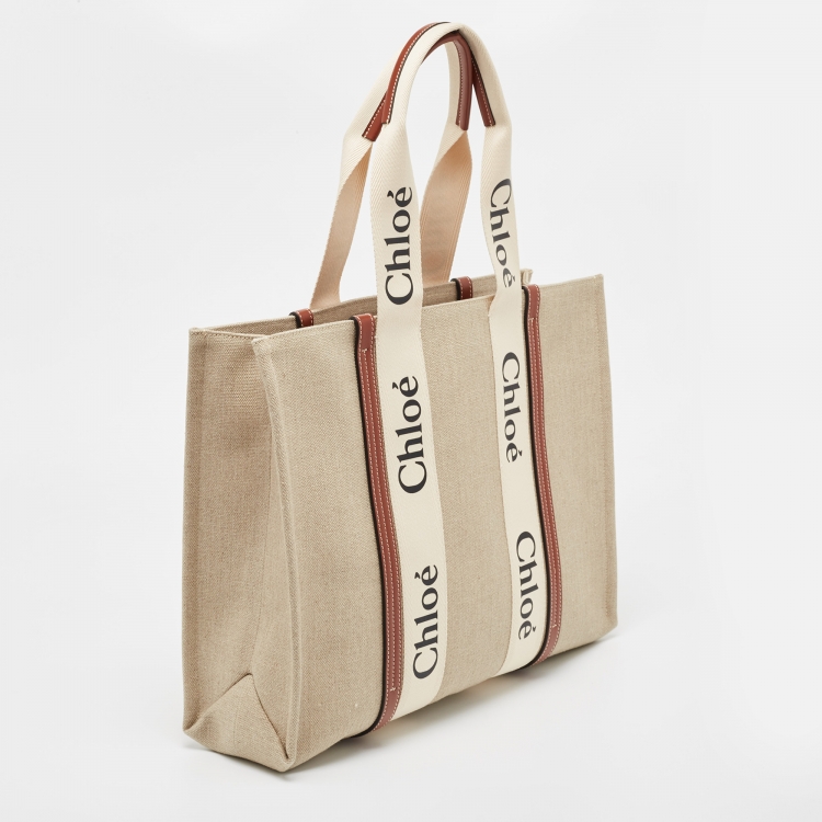 Pre Owned Chloe Beige/Brown Canvas and Leather Large Woody Tote