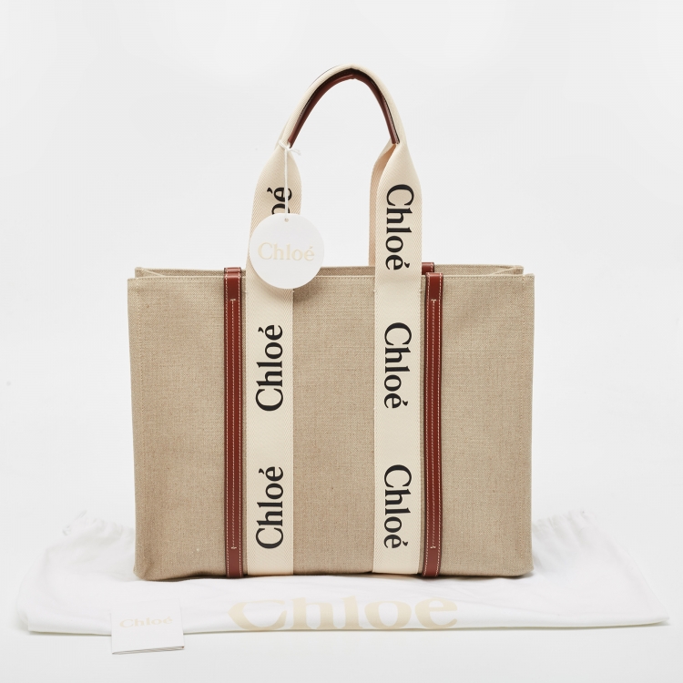 Pre Owned Chloe Beige/Brown Canvas and Leather Large Woody Tote