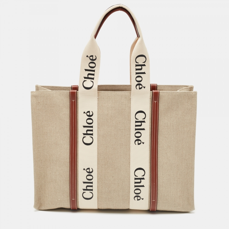 Pre Owned Chloe Beige/Brown Canvas and Leather Large Woody Tote