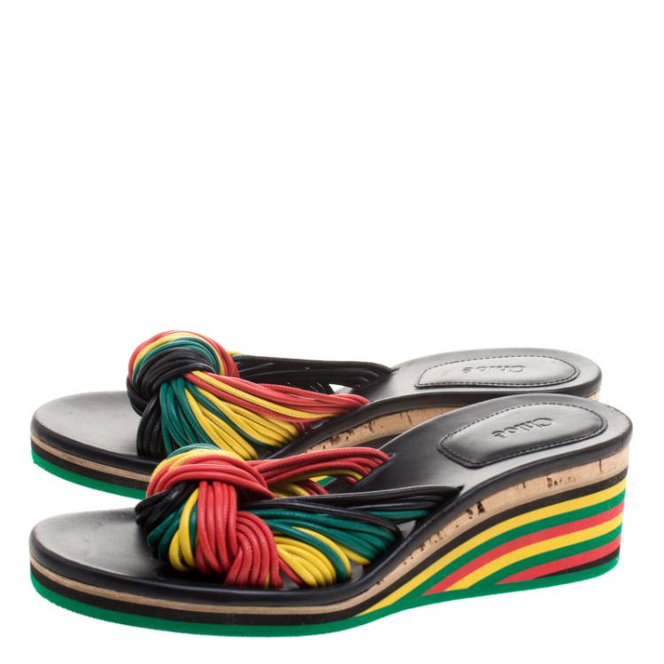 مملوكة مسبقًا Chloe Multicolor Knotted Leather Jamaica Wedge Slides Size 40