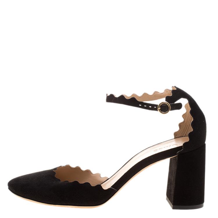 مملوكة مسبقًا Chloe Black Scalloped Suede Ankle Strap Block Heel Sandals Size 38.5