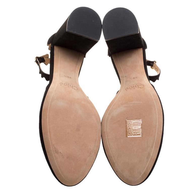 مملوكة مسبقًا Chloe Black Scalloped Suede Ankle Strap Block Heel Sandals Size 38.5