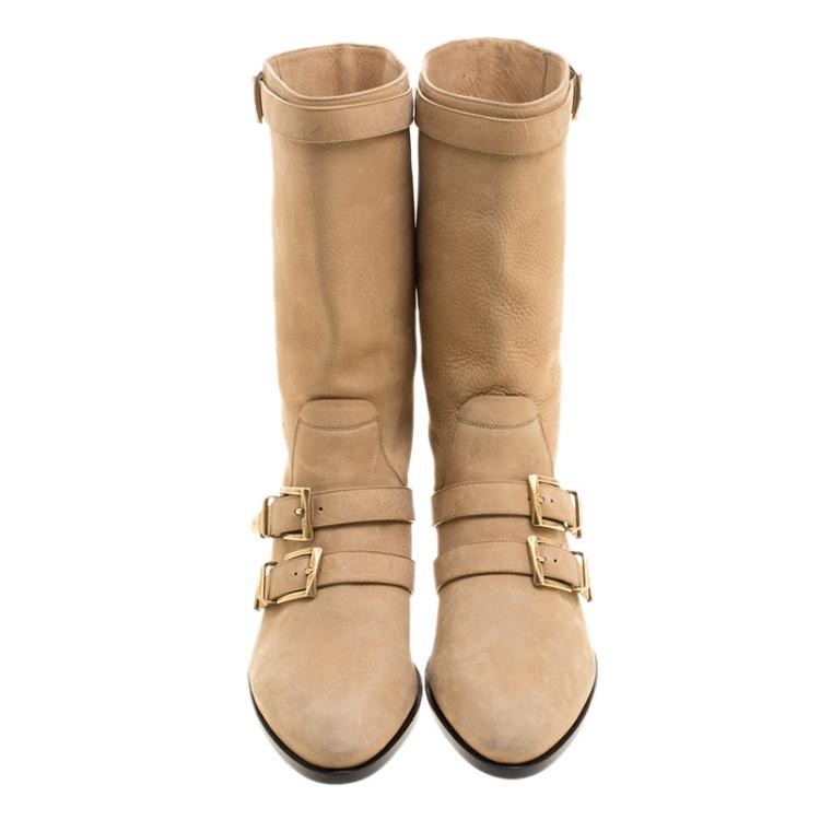 Pre Owned Chloe Beige Leather Susanna Buckle Detail Boots Size 38.5