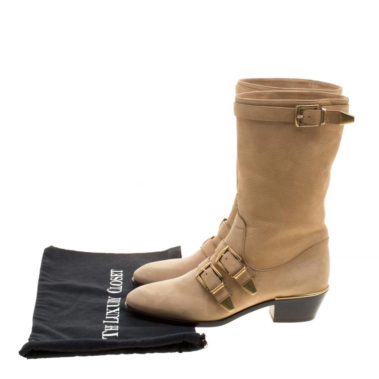 Pre Owned Chloe Beige Leather Susanna Buckle Detail Boots Size 38.5