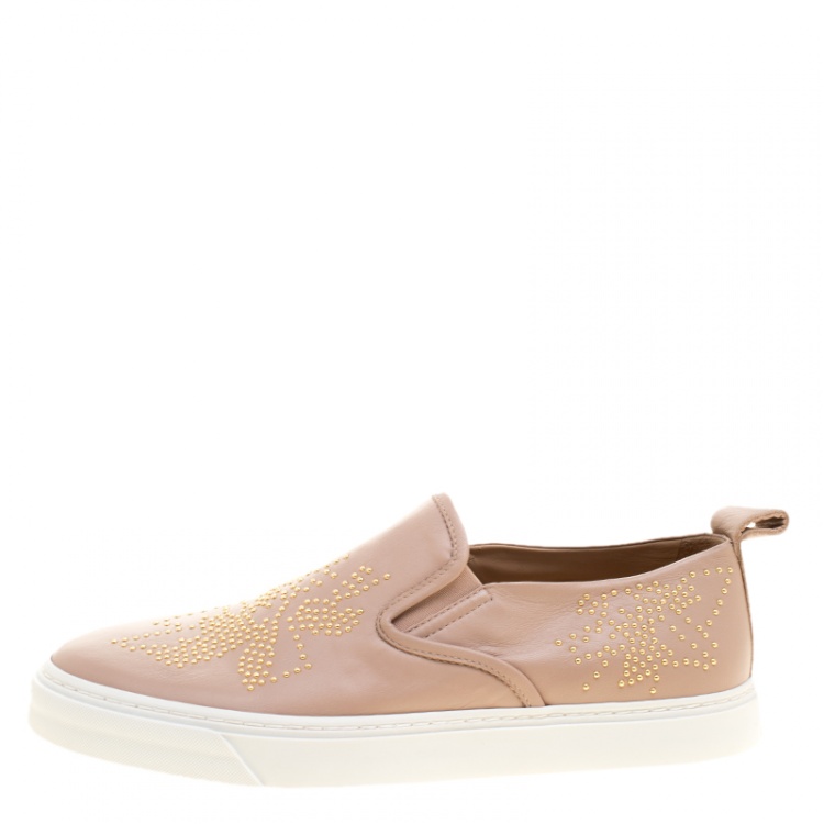 Pre Owned Chloe Beige Leather Stud Embellished Susanna Slip On Sneakers Size 40