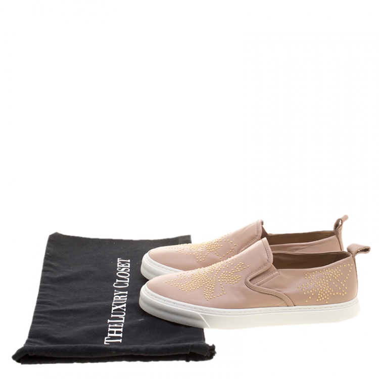 Pre Owned Chloe Beige Leather Stud Embellished Susanna Slip On Sneakers Size 40