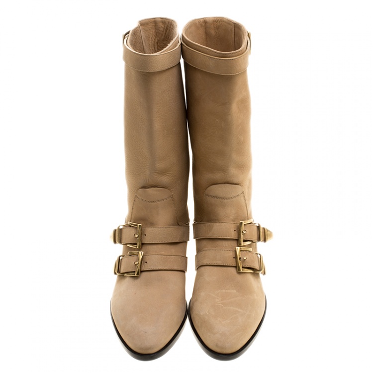 Pre Owned Chloe Beige Leather Susanna Buckle Detail Boots Size 36