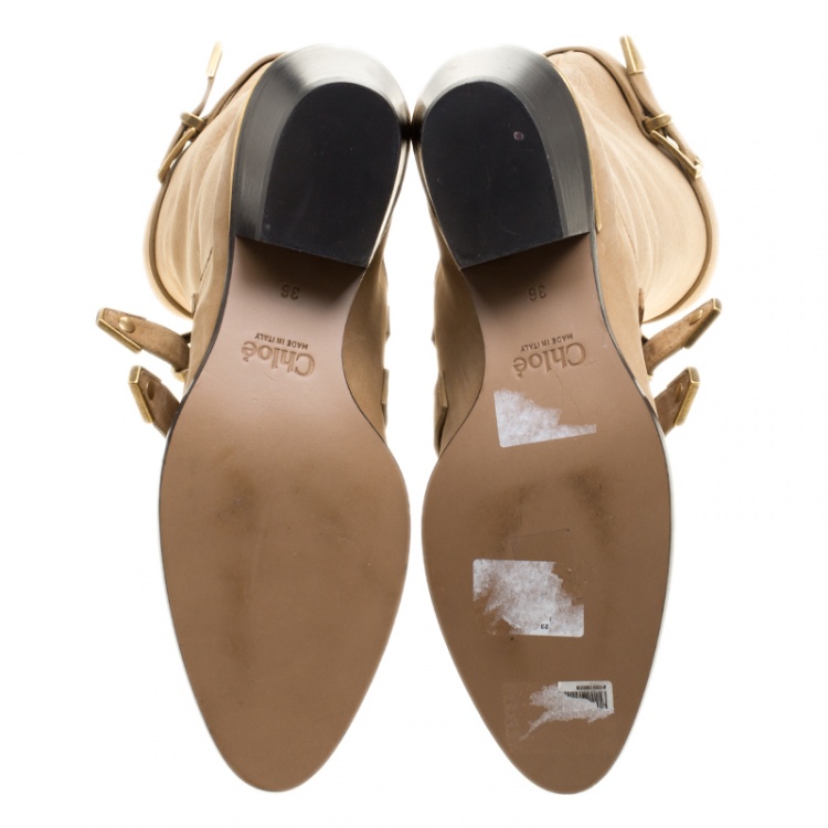 Pre Owned Chloe Beige Leather Susanna Buckle Detail Boots Size 36