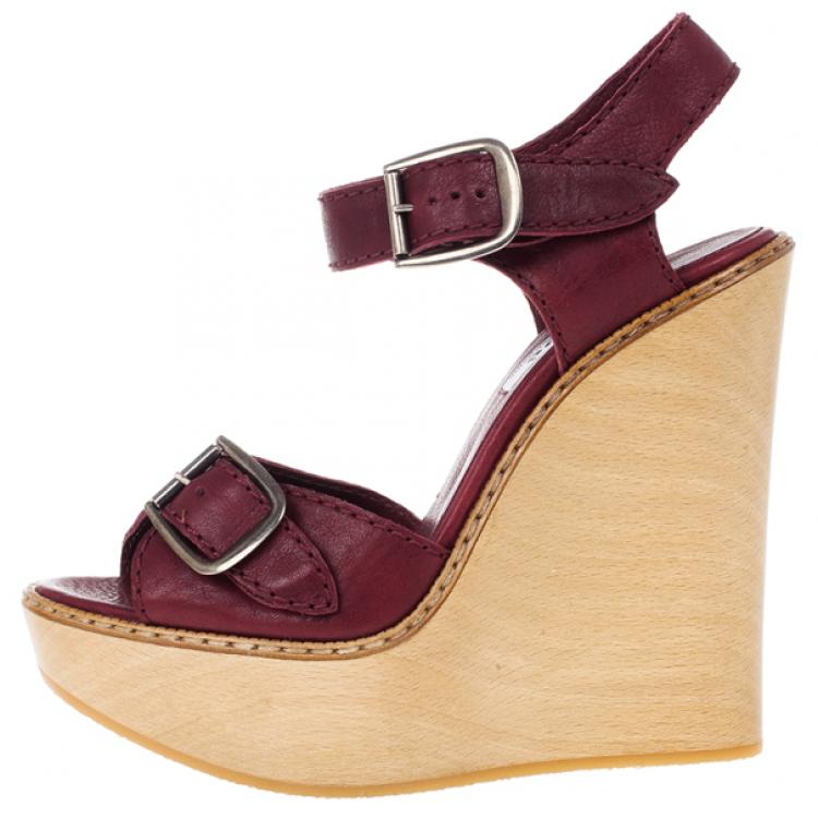 Pre Owned Chloe 60th Anniversary Maroon Leather Wooden Wedge Sandals Size 38.5