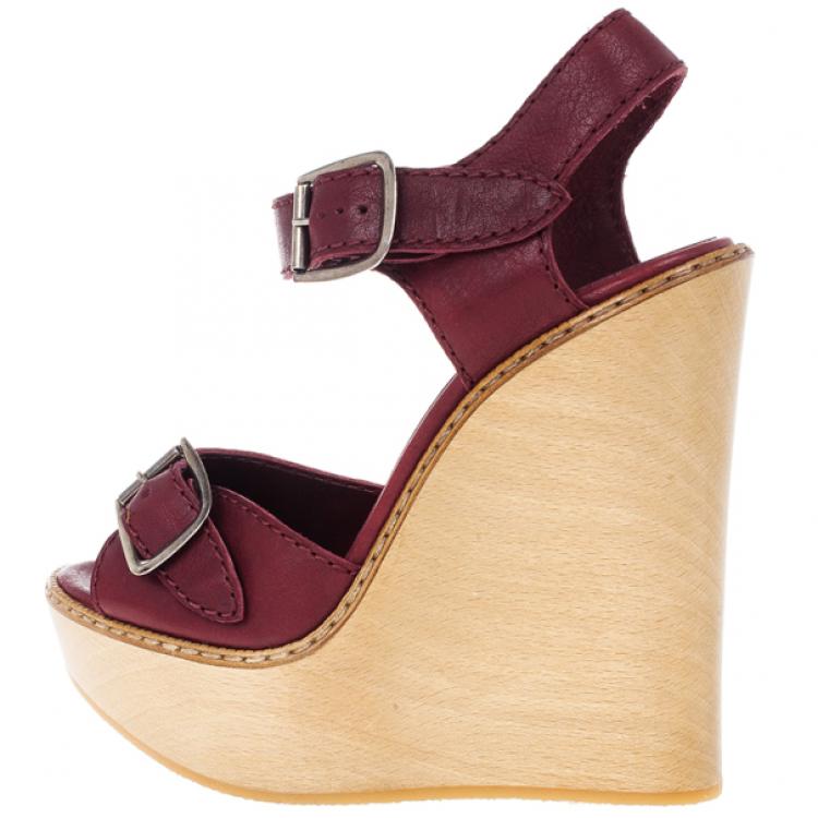 Pre Owned Chloe 60th Anniversary Maroon Leather Wooden Wedge Sandals Size 38.5