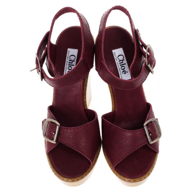 Pre Owned Chloe 60th Anniversary Maroon Leather Wooden Wedge Sandals Size 38.5