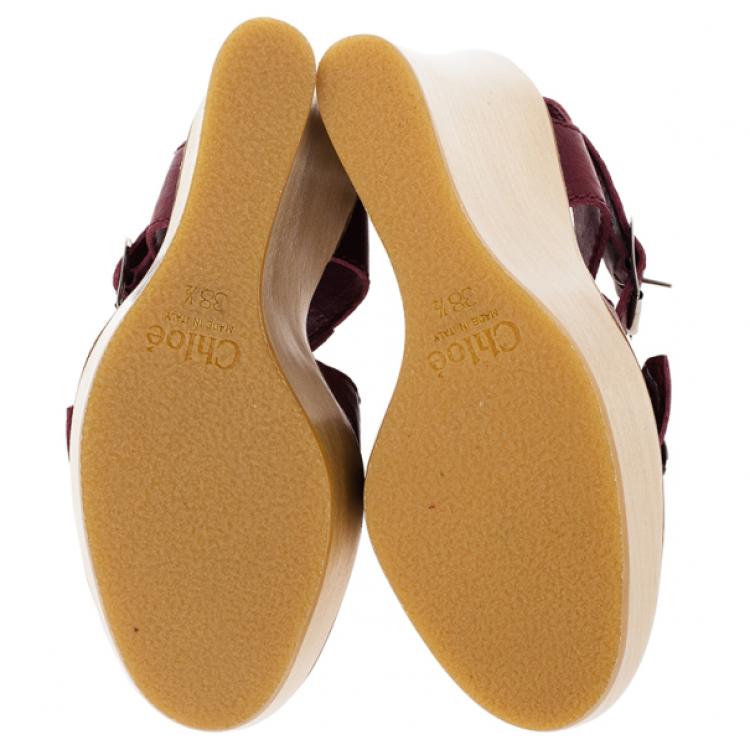 Pre Owned Chloe 60th Anniversary Maroon Leather Wooden Wedge Sandals Size 38.5