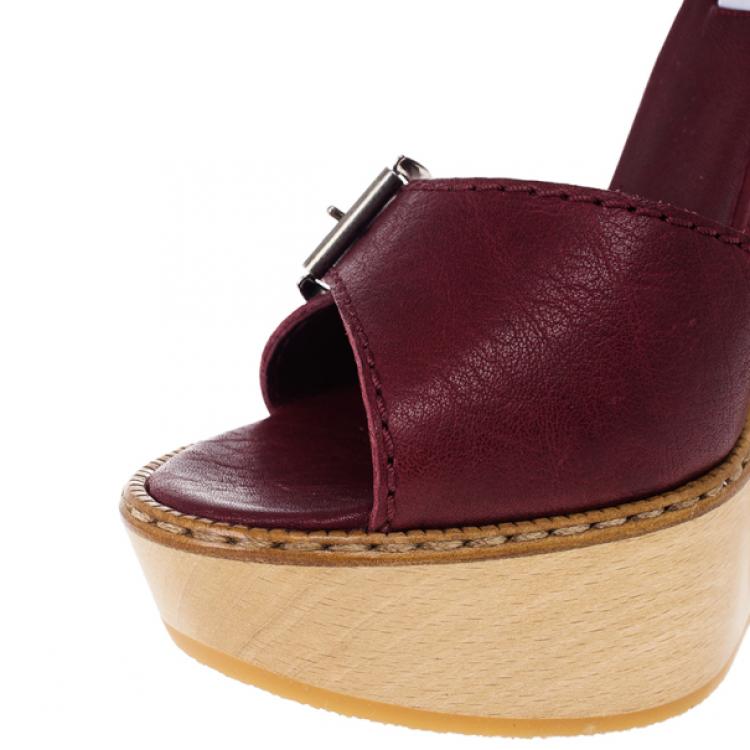 Pre Owned Chloe 60th Anniversary Maroon Leather Wooden Wedge Sandals Size 38.5