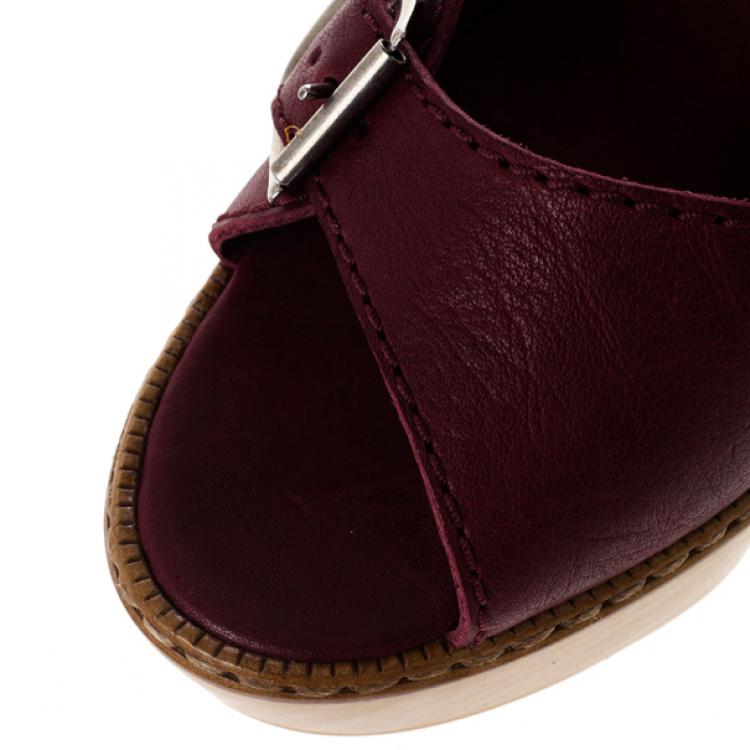 Pre Owned Chloe 60th Anniversary Maroon Leather Wooden Wedge Sandals Size 38.5