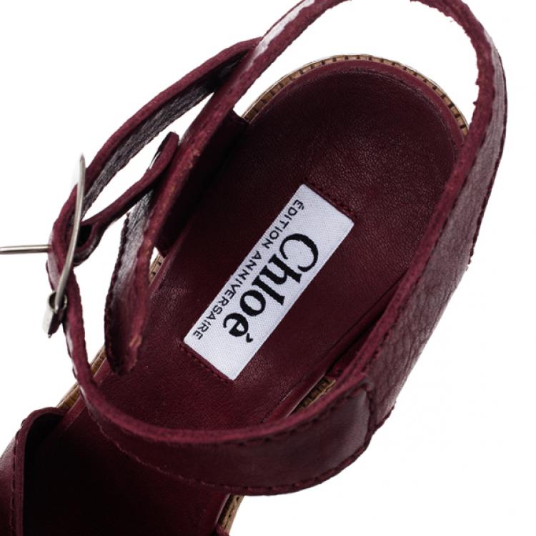 Pre Owned Chloe 60th Anniversary Maroon Leather Wooden Wedge Sandals Size 38.5