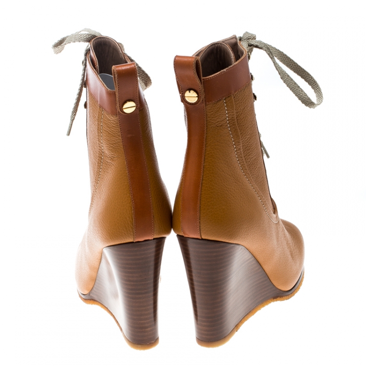 Pre Owned Chloe Brown Leather Lace Up Wedge Ankle Boots Size 38