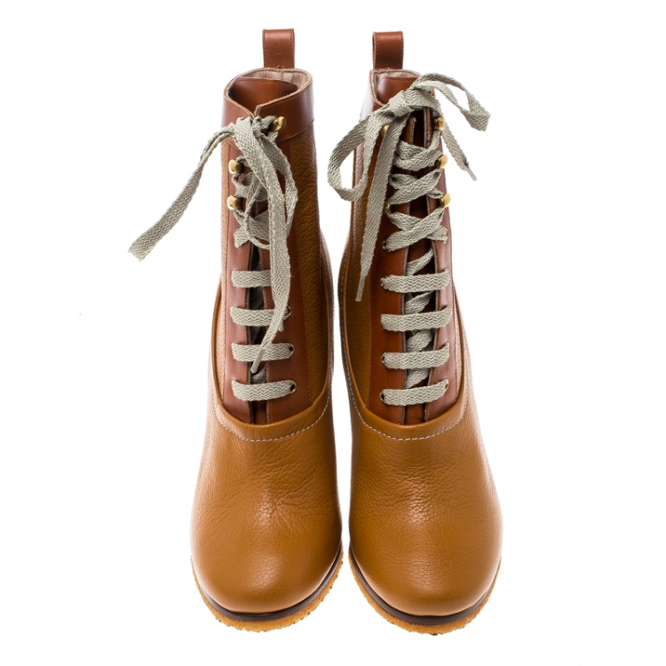 Pre Owned Chloe Brown Leather Lace Up Wedge Ankle Boots Size 38