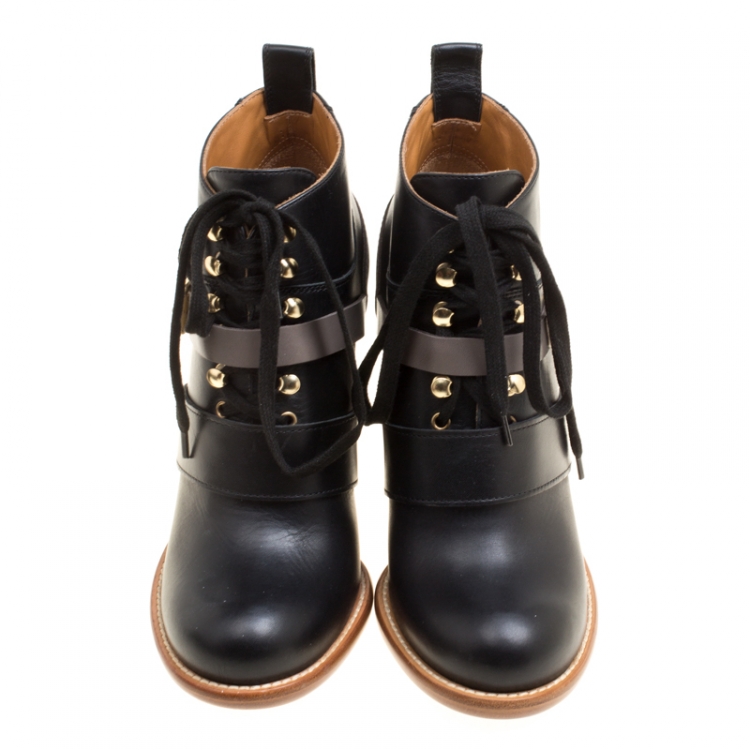 Pre Owned Chloe Two Tone Leather Block Heel Lace Up Ankle Boots Size 36