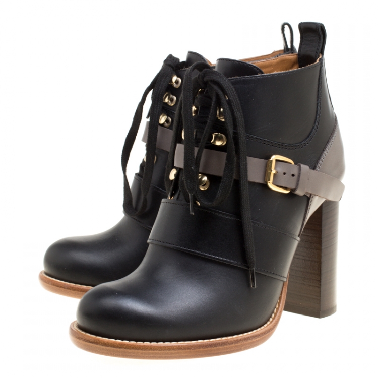 Pre Owned Chloe Two Tone Leather Block Heel Lace Up Ankle Boots Size 36