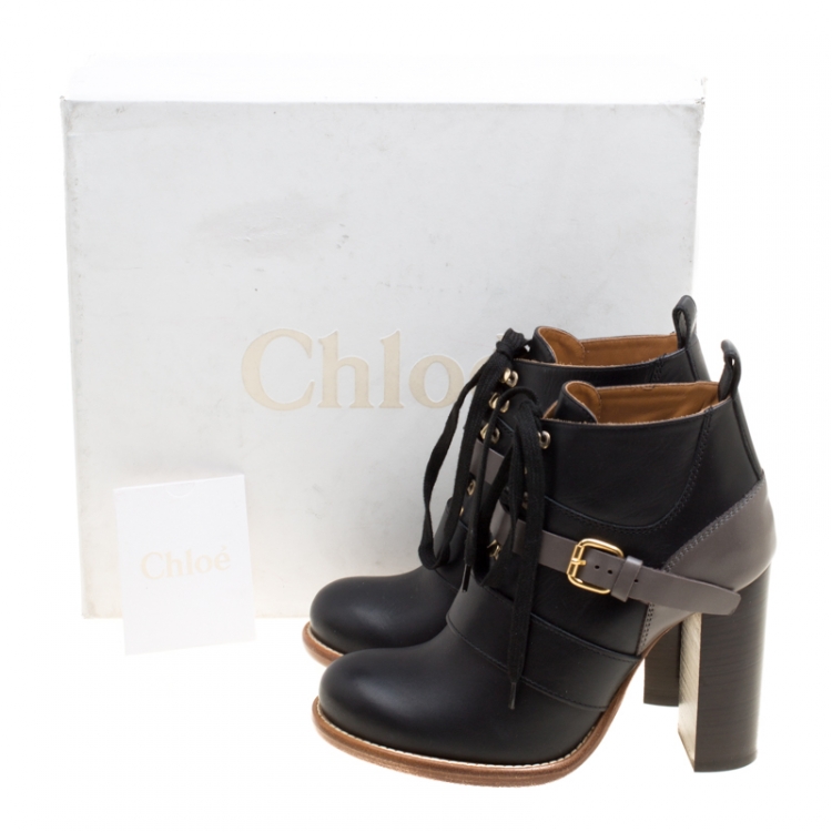 Pre Owned Chloe Two Tone Leather Block Heel Lace Up Ankle Boots Size 36