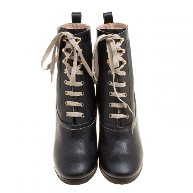 مملوكة مسبقًا Chloe Black Leather Lace Up Wedge Ankle Boots Size 38