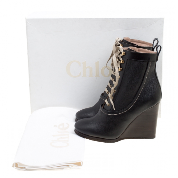 مملوكة مسبقًا Chloe Black Leather Lace Up Wedge Ankle Boots Size 38