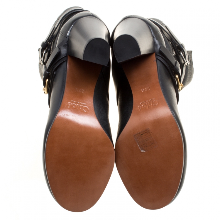 مملوكة مسبقًا Chloe Black Leather Double Buckle Ankle Boots Size 38.5