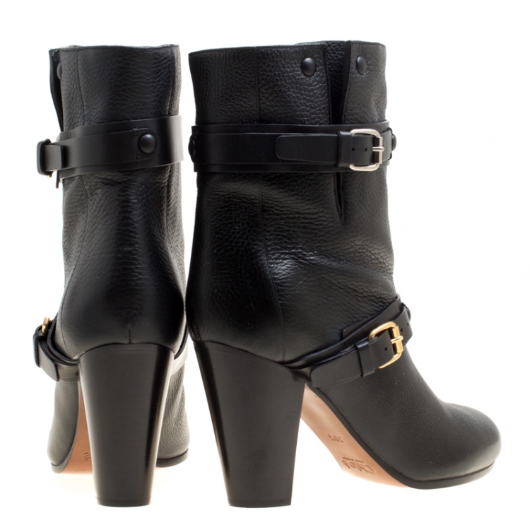 مملوكة مسبقًا Chloe Black Leather Double Buckle Ankle Boots Size 38.5