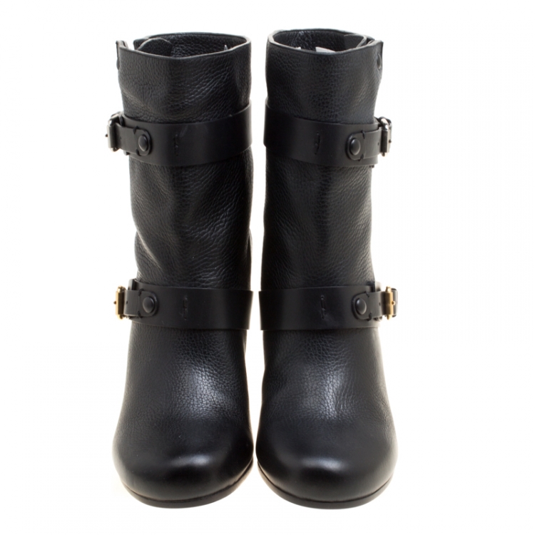 مملوكة مسبقًا Chloe Black Leather Double Buckle Ankle Boots Size 38.5