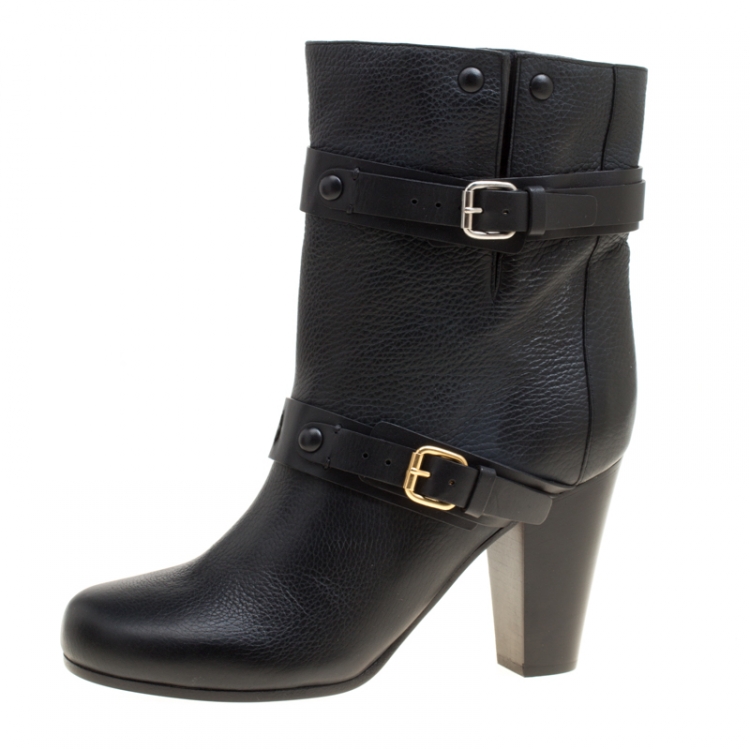 مملوكة مسبقًا Chloe Black Leather Double Buckle Ankle Boots Size 38.5