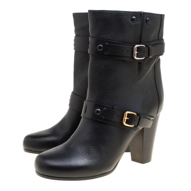 مملوكة مسبقًا Chloe Black Leather Double Buckle Ankle Boots Size 38.5