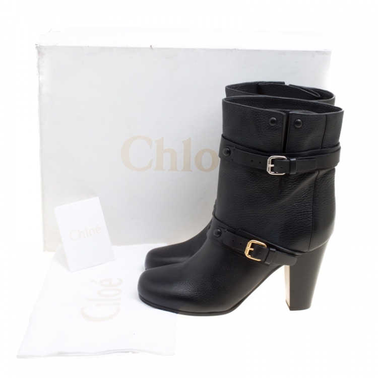 مملوكة مسبقًا Chloe Black Leather Double Buckle Ankle Boots Size 38.5