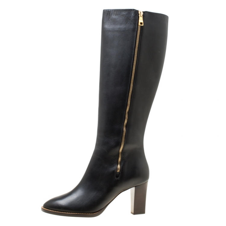 مملوكة مسبقًا Chloe Black Leather Block Heel Knee High Boots Size 40