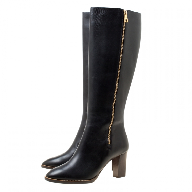 مملوكة مسبقًا Chloe Black Leather Block Heel Knee High Boots Size 40