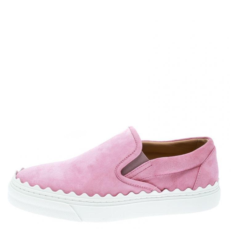 مملوكة مسبقًا Chloe Light Pink Suede Ivy Scallop Slip On Sneakers Size 36