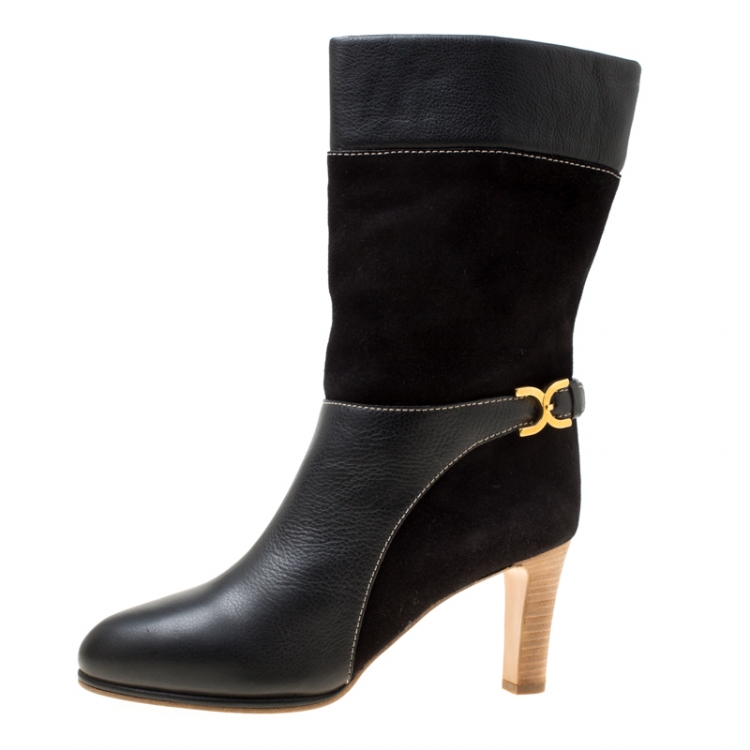 Pre Owned Chloe Black Suede and Leather Renna Block Heel Calf Boots Size 40