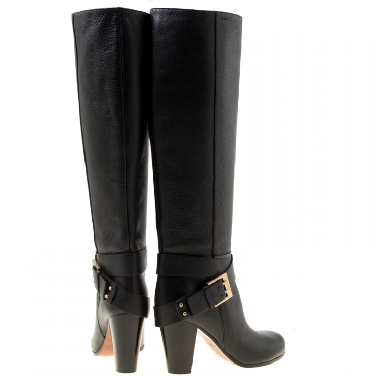 Pre Owned Chloe Black Leather Buckle Detail Knee Boots Size 38.5