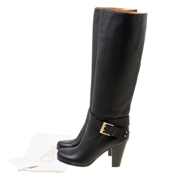 Pre Owned Chloe Black Leather Buckle Detail Knee Boots Size 38.5