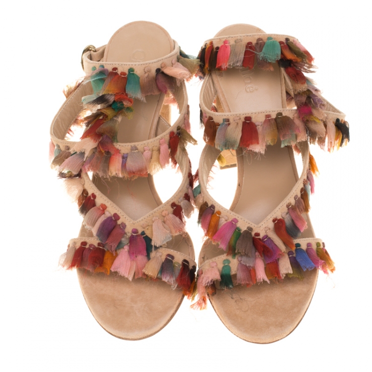 مملوكة مسبقًا Chloe Multicolor Silk Tassel Liz Block Heel Ankle Cuff Peep Toe Sandals Size 37