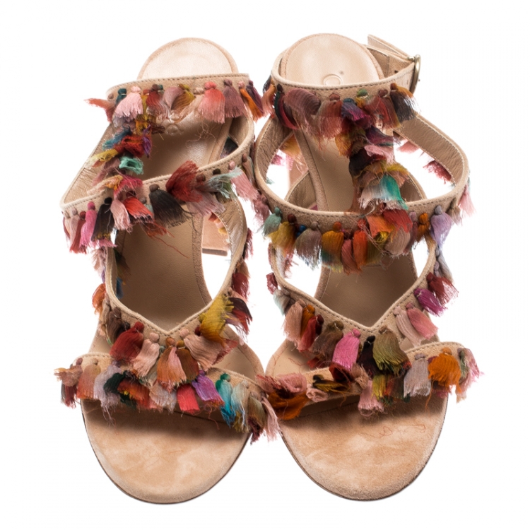 Pre Owned Chloe Multicolor Silk Tassel Liz Block Heel Ankle Cuff Peep Toe Sandals Size 37.5