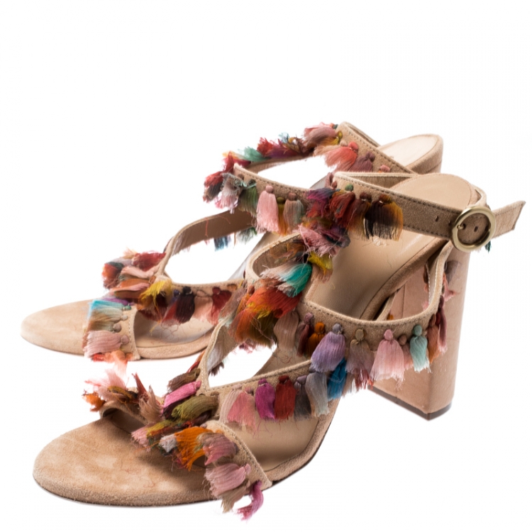 Pre Owned Chloe Multicolor Silk Tassel Liz Block Heel Ankle Cuff Peep Toe Sandals Size 37.5