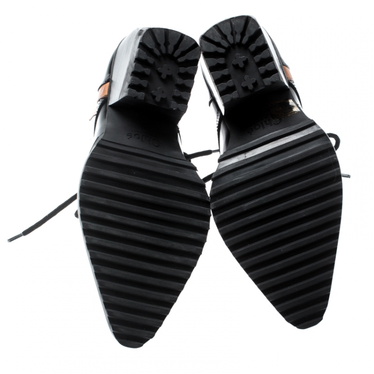 مملوكة مسبقًا Chloé Black Leather Rylee Rubber Cap Toe Lace Up Ankle Boots Size 36