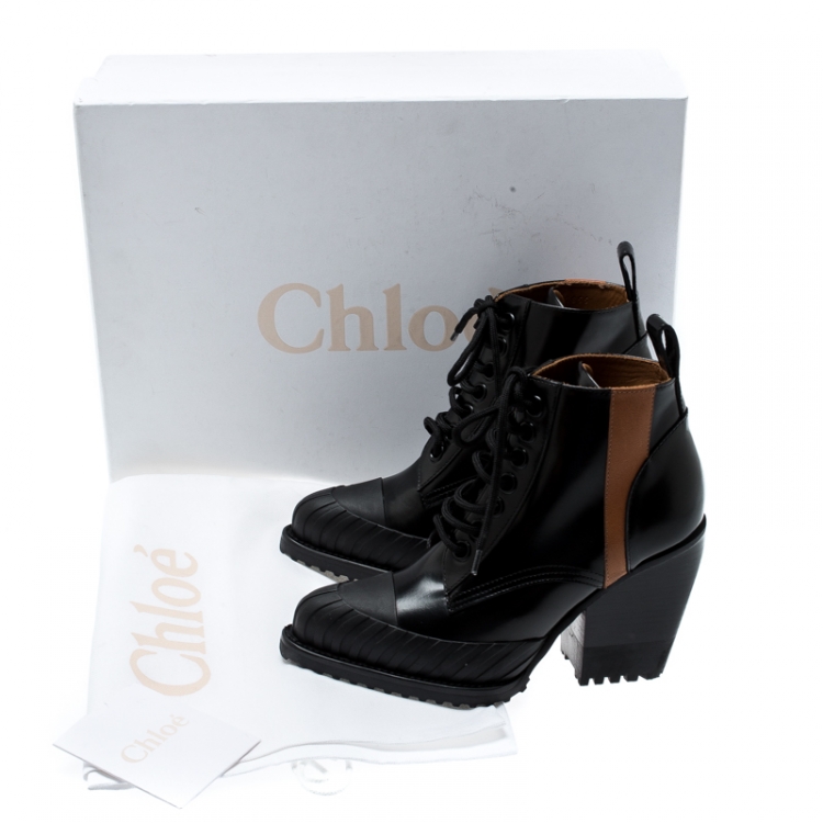 مملوكة مسبقًا Chloé Black Leather Rylee Rubber Cap Toe Lace Up Ankle Boots Size 36