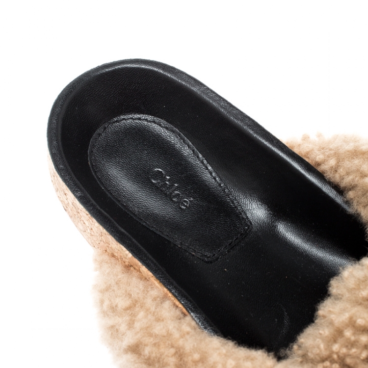 Pre Owned Chloe Brown Shearling Wool Knotted Slip On Slides Size 41