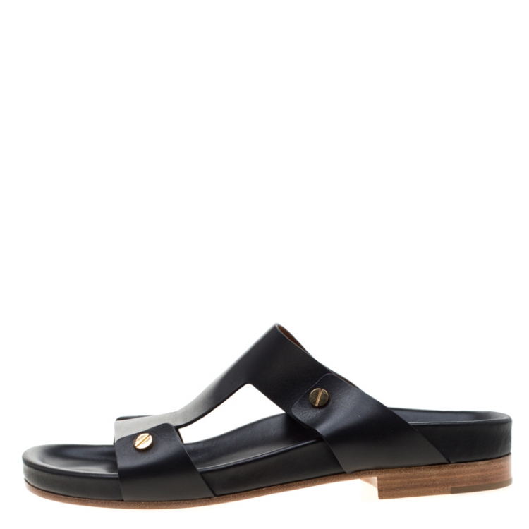 Pre Owned Chloe Black Leather Erika Slip On Flat Sandals Size 41