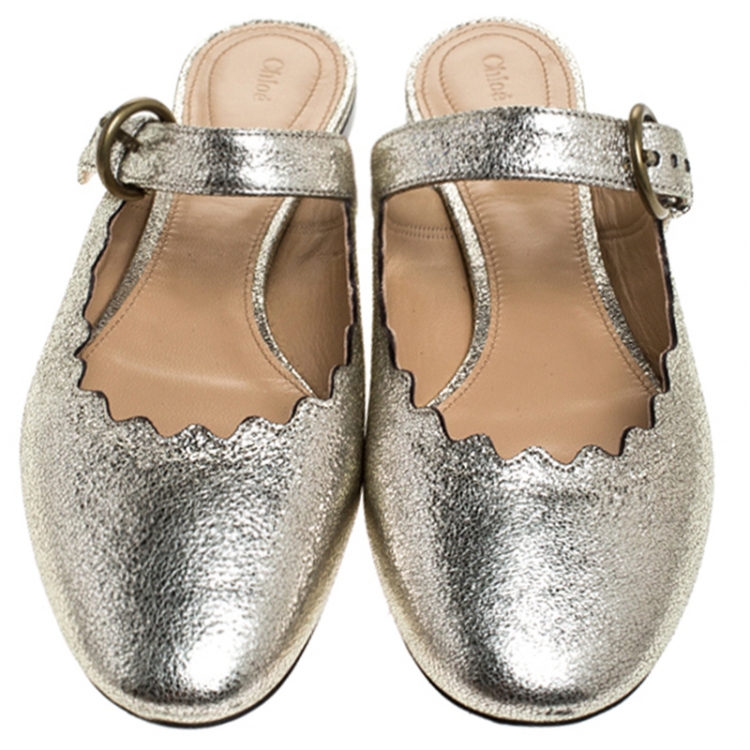 Pre Owned Chloe Silver Foil Leather Lauren Buckle Strap Flat Mules Size 40