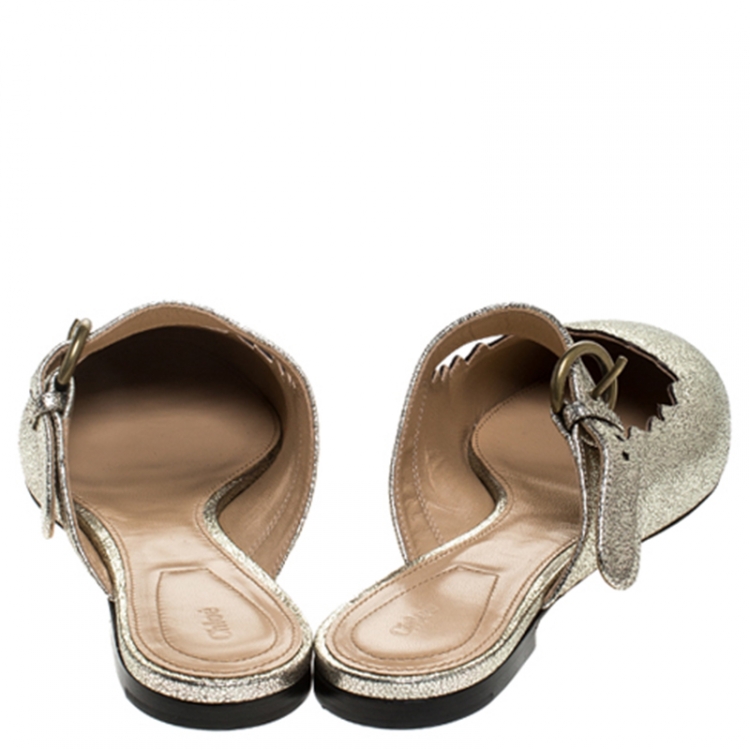 Pre Owned Chloe Silver Foil Leather Lauren Buckle Strap Flat Mules Size 40