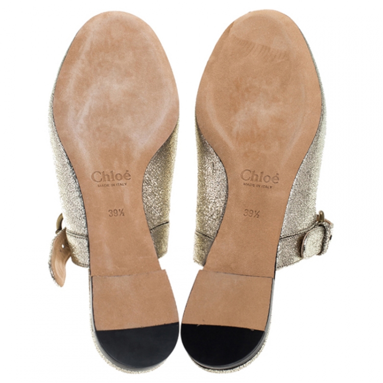 Pre Owned Chloe Silver Foil Leather Lauren Buckle Strap Flat Slides Size 39.5