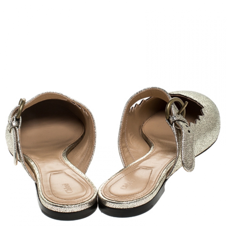 Pre Owned Chloe Silver Foil Leather Lauren Buckle Strap Flat Slides Size 39.5