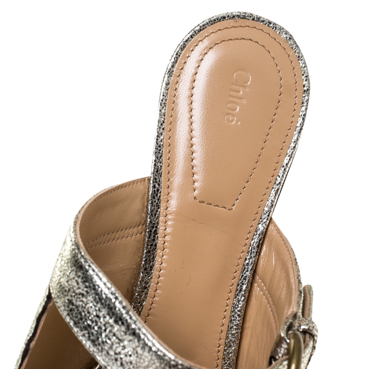 Pre Owned Chloe Silver Foil Leather Lauren Buckle Strap Flat Slides Size 39.5